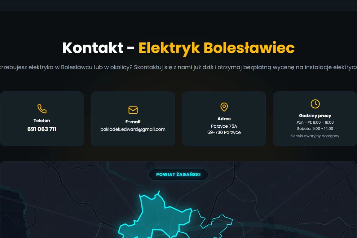 Sekcja Kontakt w całości — trzy kafle Telefon / E-mail / Adres, bez jednego pola formularza — EKPOL, realizacja Hex16