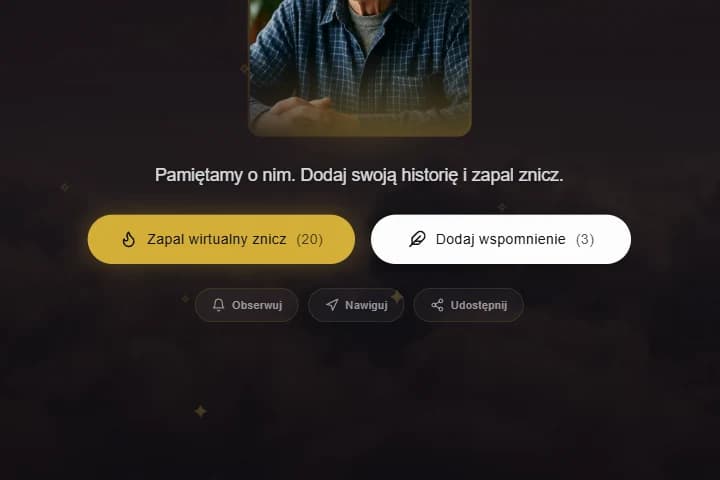 Rząd przycisków akcji z licznikami pod nagłówkiem profilu — Pamiętaj Mnie, realizacja Hex16