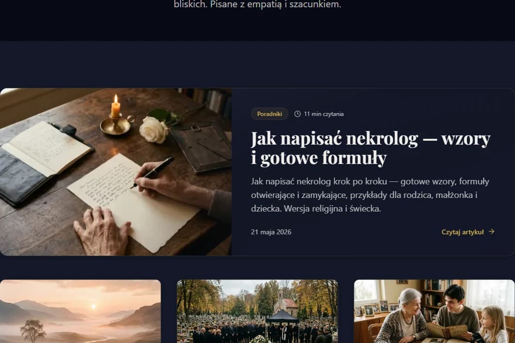 Lista wpisów na /blog z tytułami i czasem czytania — Pamiętaj Mnie, realizacja Hex16