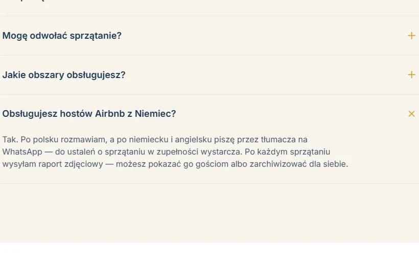 Rozwinięte pytanie FAQ „Obsługujesz hostów Airbnb z Niemiec?” z pełną odpowiedzią — Porządnie24, realizacja Hex16