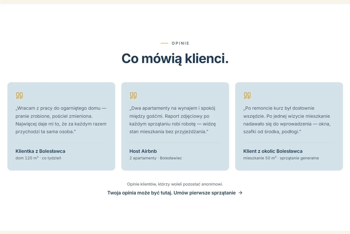 Sekcja Opinie w całości — trzy cytaty z podpisami i zdanie o anonimowości — Porządnie24, realizacja Hex16