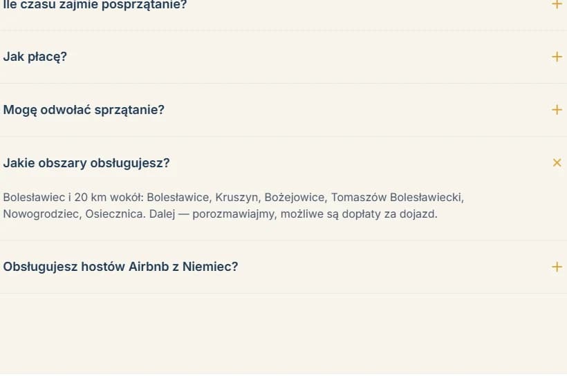Rozwinięte pytanie FAQ „Jakie obszary obsługujesz?” z listą miejscowości — Porządnie24, realizacja Hex16