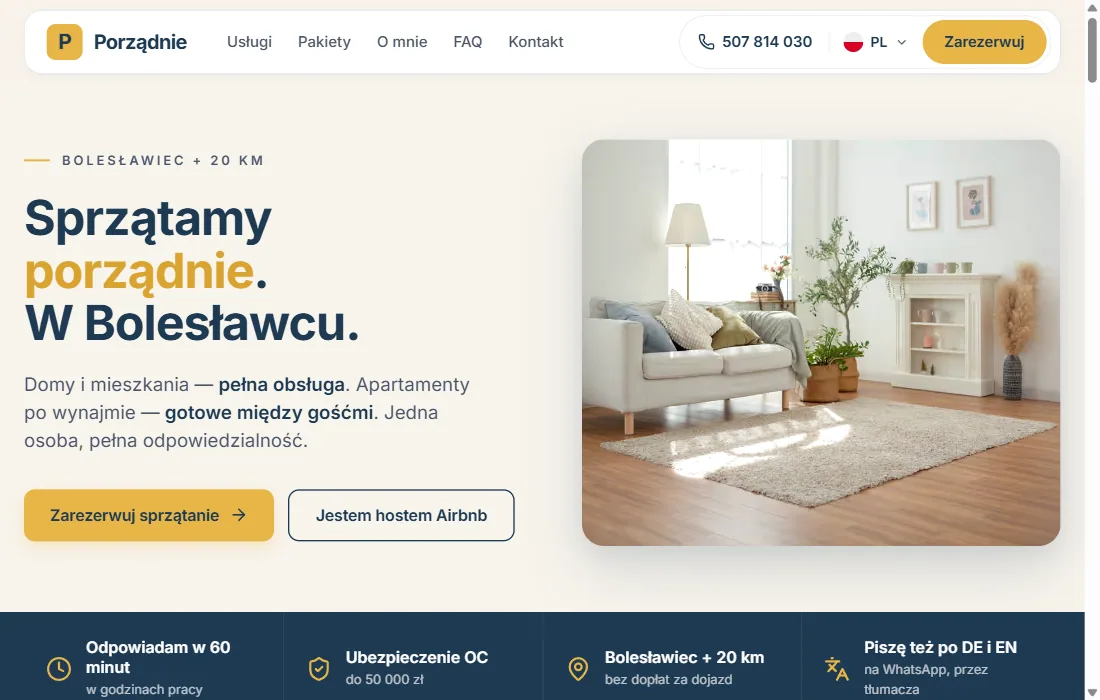 Strona internetowa Porządnie24 — sprzątanie domów i apartamentów w Bolesławcu, realizacja Hex16