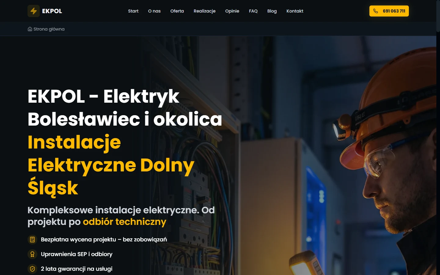 Strona internetowa EKPOL — elektryk i instalacje elektryczne w Bolesławcu, realizacja Hex16