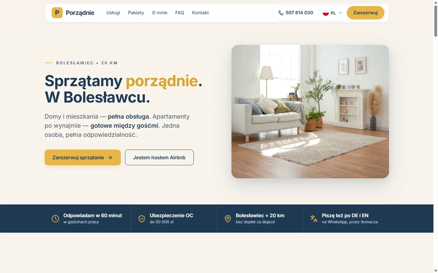 Strona internetowa Porządnie24 — sprzątanie domów i apartamentów w Bolesławcu, realizacja Hex16