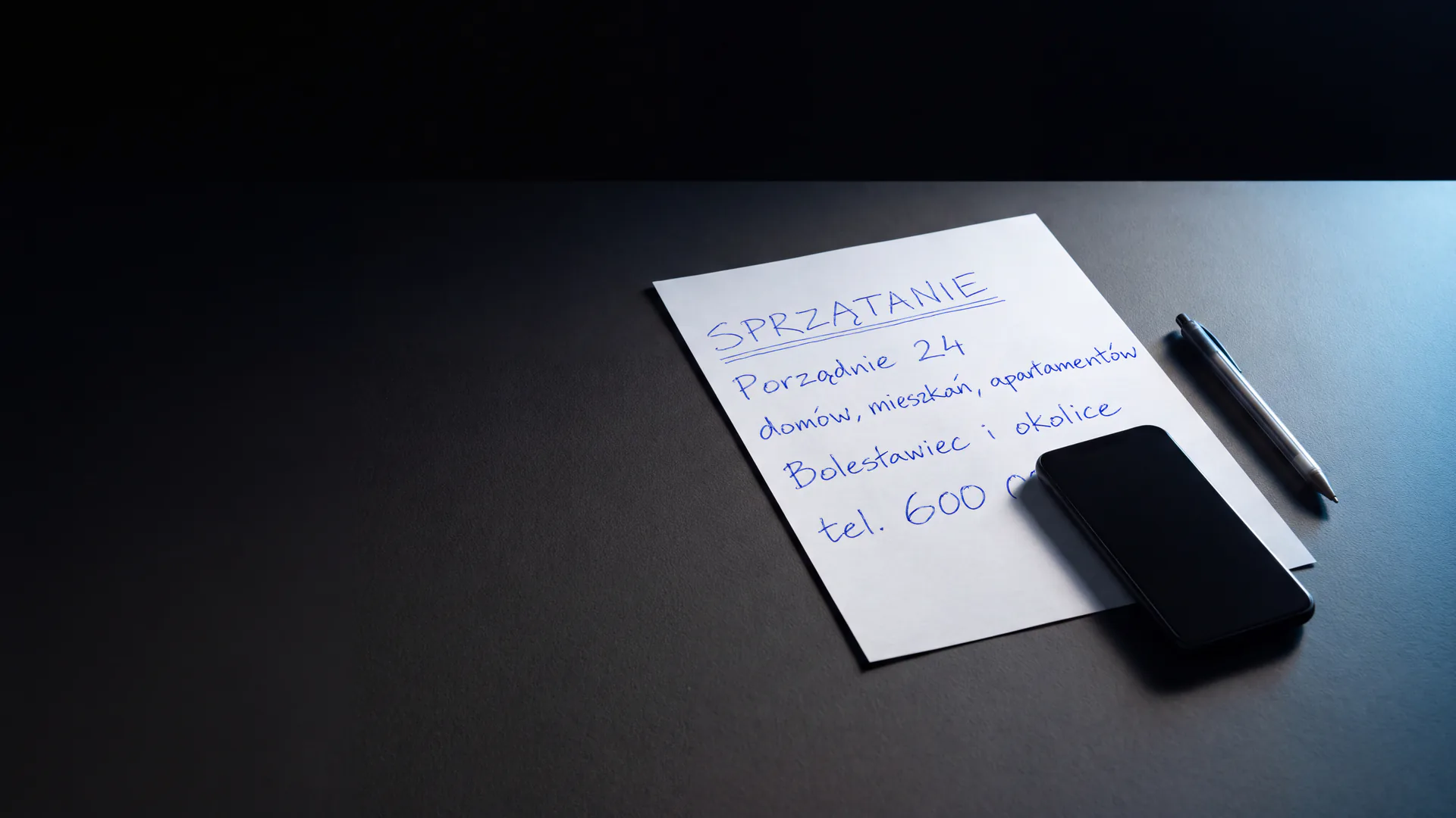 Materiał od klienta: kartka A4 z odręcznym ogłoszeniem „Sprzątanie” i numerem telefonu, obok telefon i długopis na ciemnym blacie
