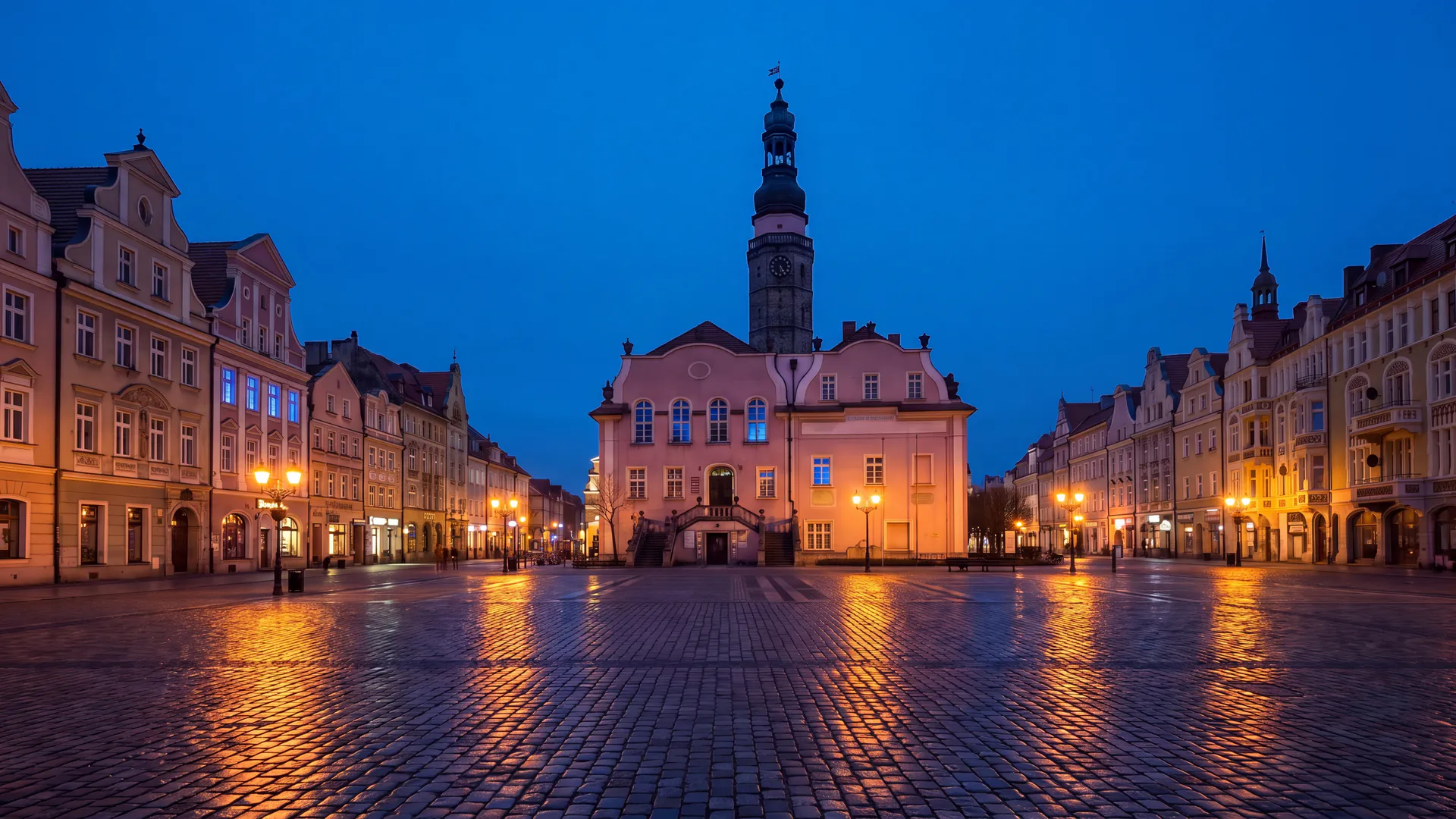 Wizualizacja: rynek w Bolesławcu wieczorem: ratusz, mokry bruk, światła latarni, bez ludzi z przodu