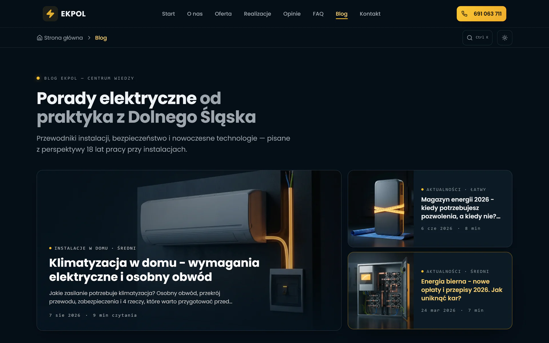 Blog ekpol-elektryk.pl: „Porady elektryczne od praktyka z Dolnego Śląska” i wpisy o klimatyzacji i magazynach energii