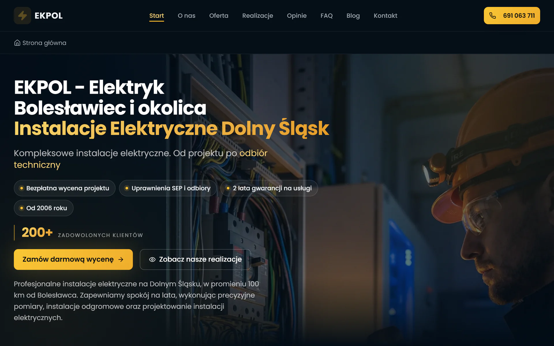 Strona główna ekpol-elektryk.pl: nagłówek z numerem 691 063 711 i hero „EKPOL – Elektryk Bolesławiec i okolica”
