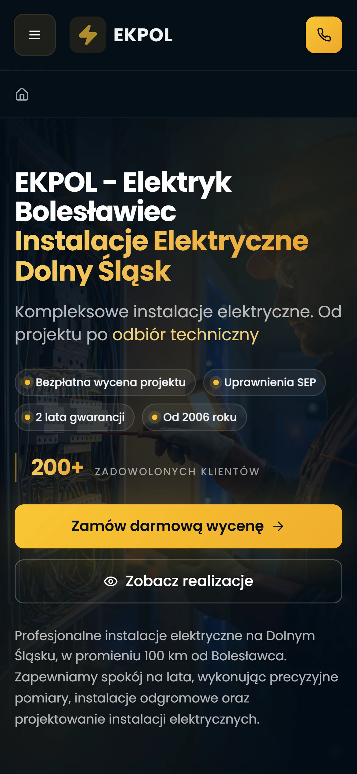 Strona główna EKPOL na telefonie: nagłówek z przyciskiem telefonu i hero