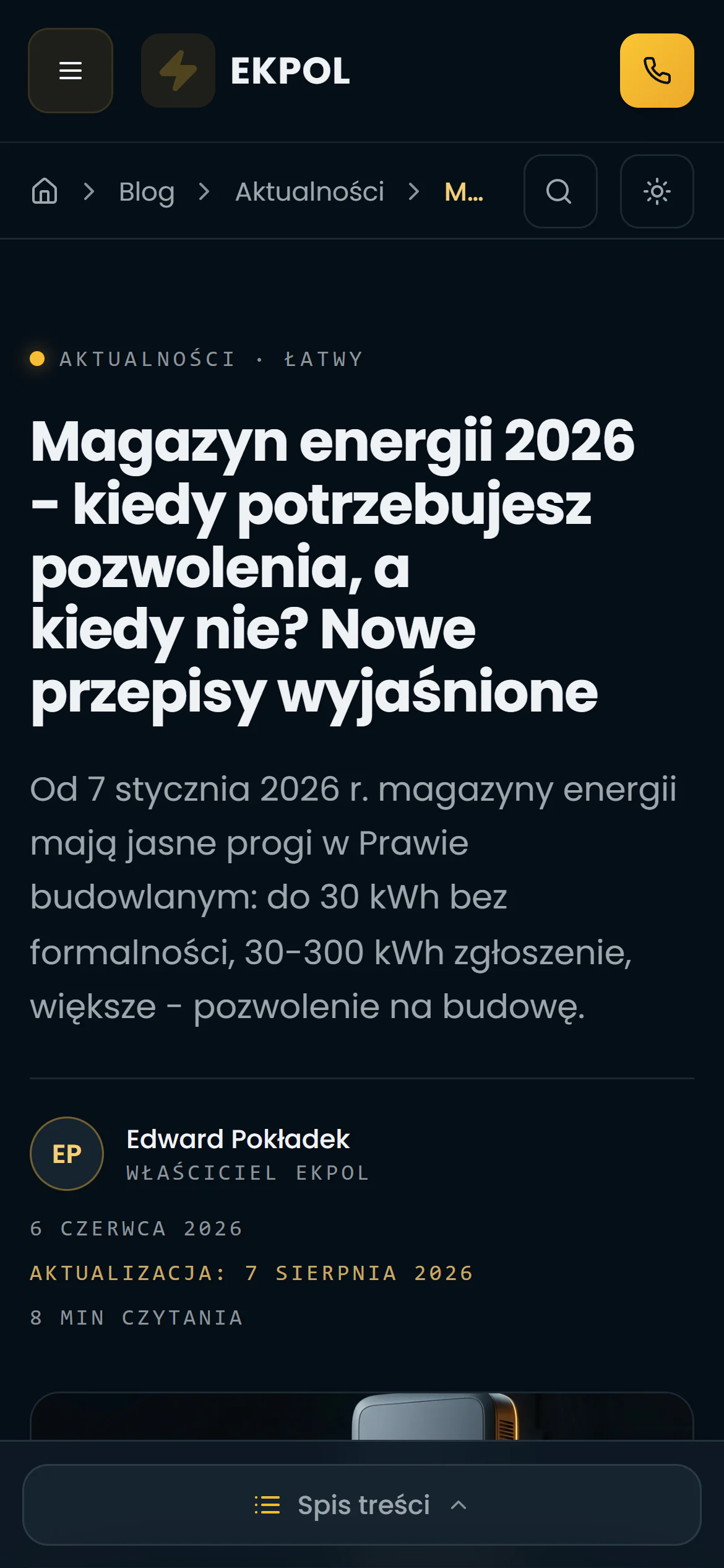 Wpis o magazynach energii na telefonie, z autorem i datą aktualizacji