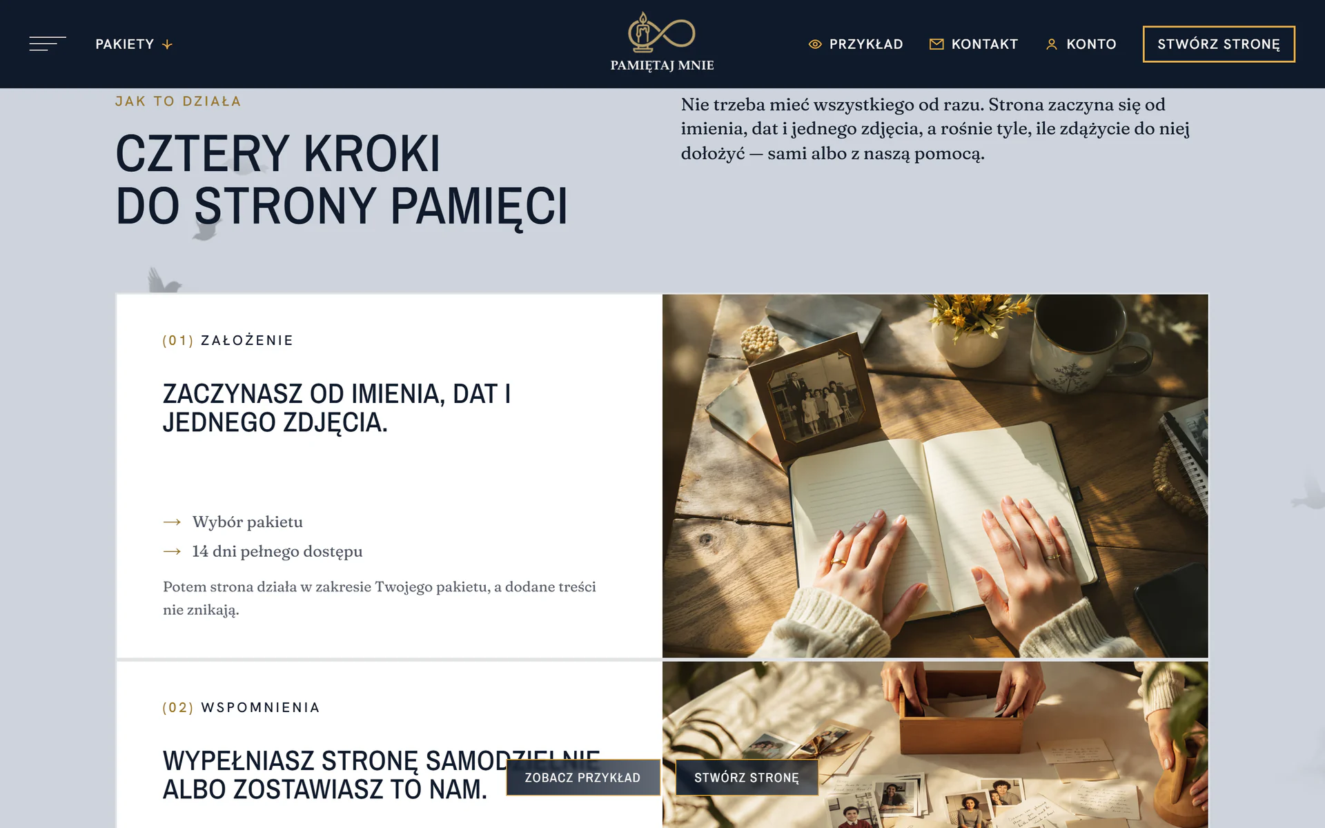 Sekcja „Cztery kroki do strony pamięci” na pamietajmnie.pl: założenie strony od imienia, dat i jednego zdjęcia