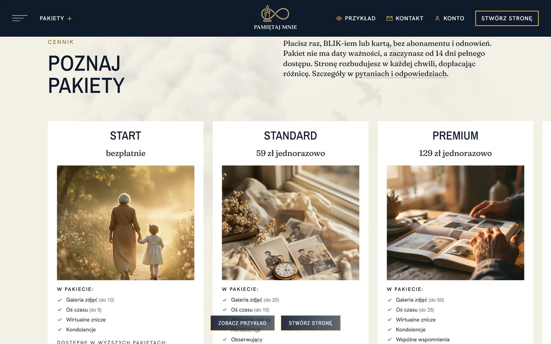 Sekcja „Poznaj pakiety” na pamietajmnie.pl: trzy pakiety Start, Standard i Premium