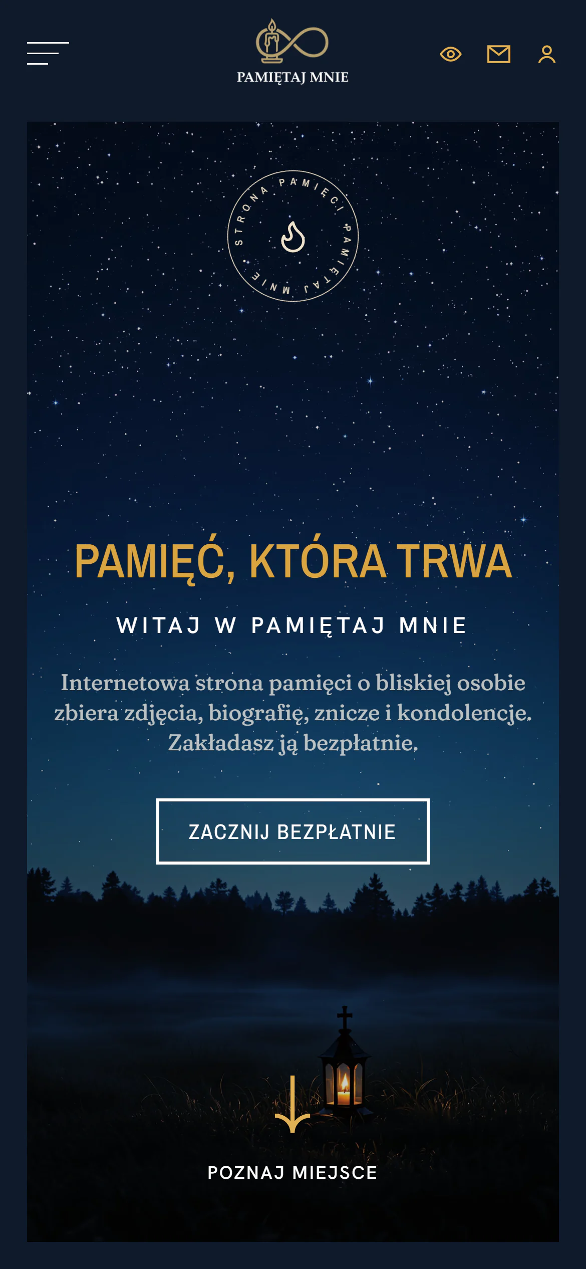 Strona główna PamiętajMnie na telefonie: „Pamięć, która trwa” i przycisk „Zacznij bezpłatnie”