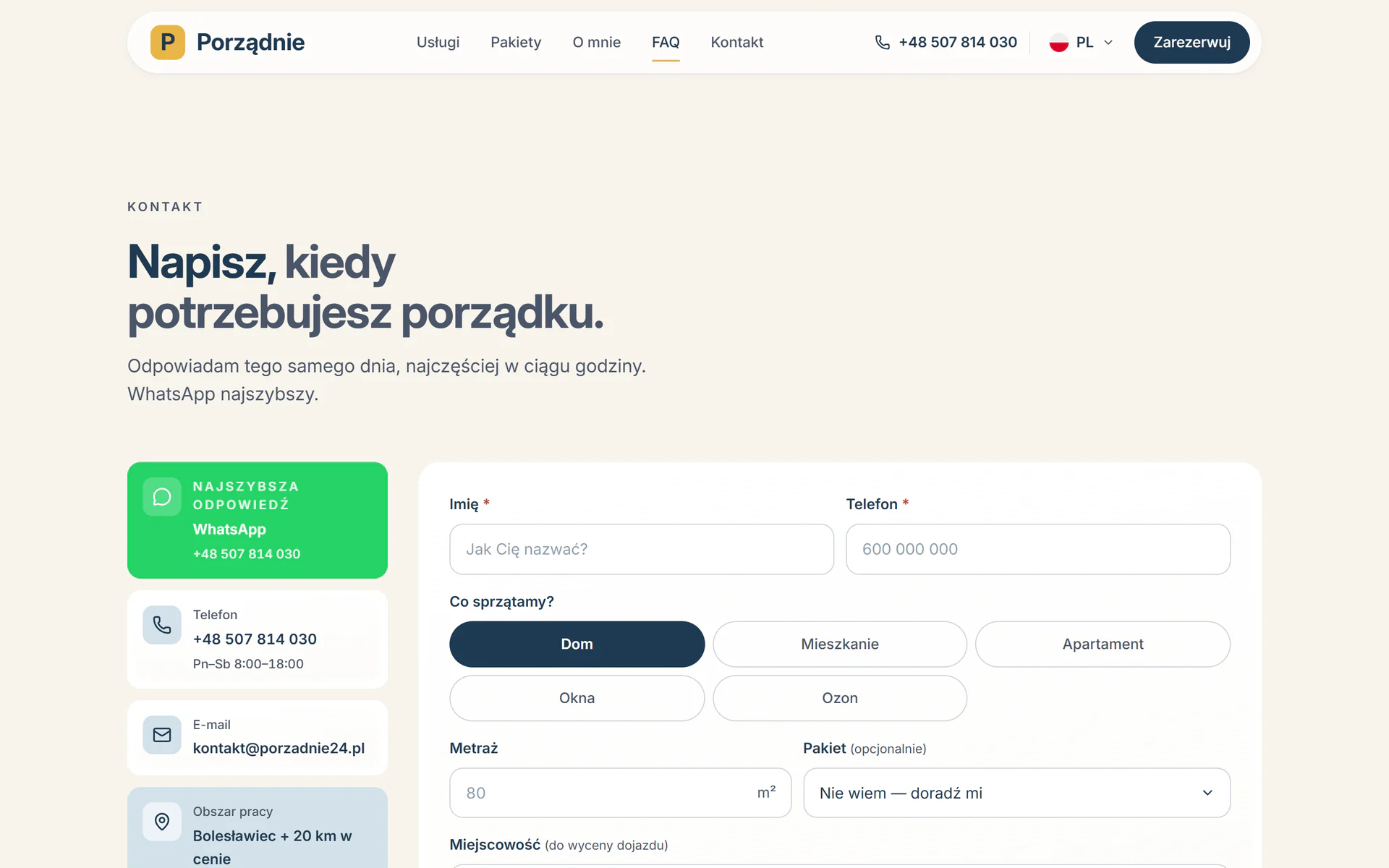 Sekcja kontaktu na porzadnie24.pl: WhatsApp, telefon +48 507 814 030, e-mail, obszar pracy Bolesławiec + 20 km i formularz