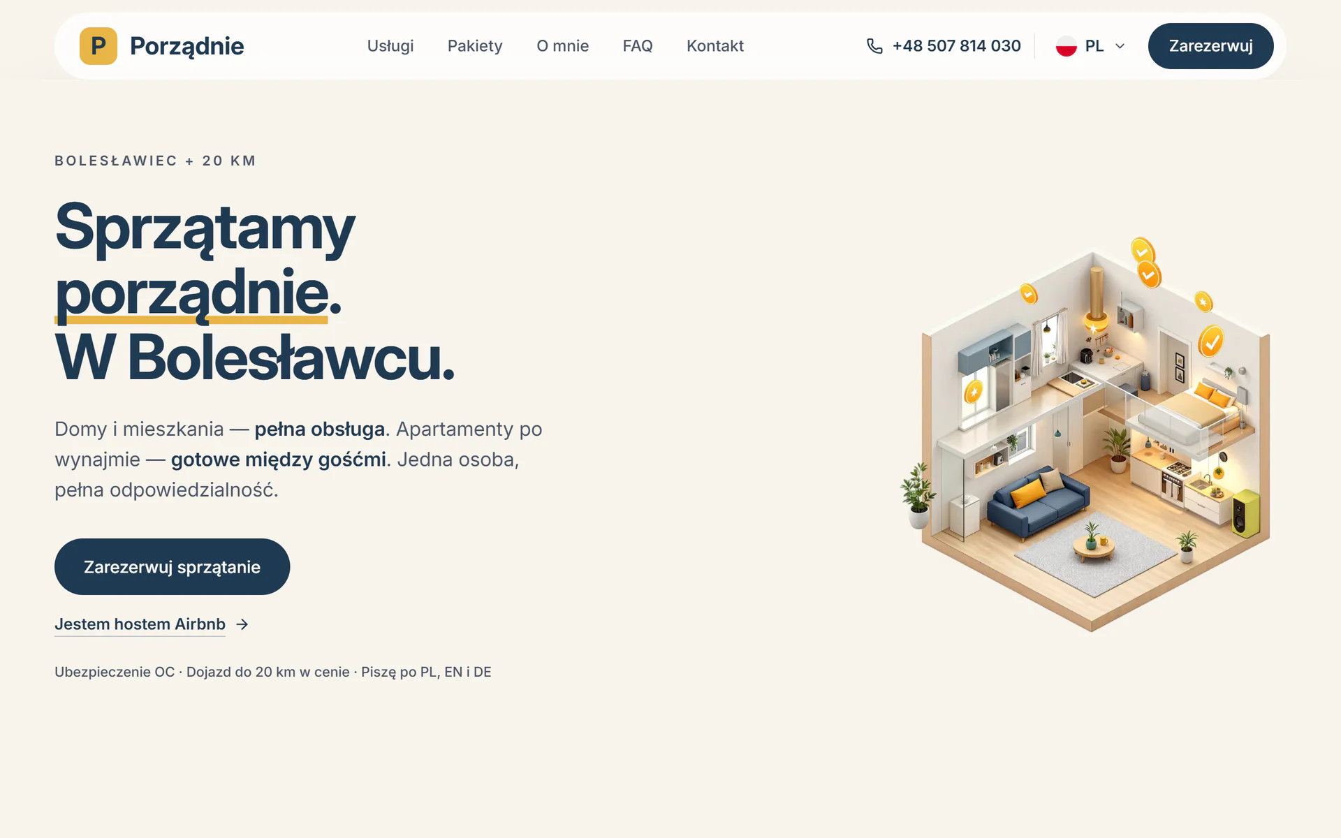 Strona główna porzadnie24.pl: nagłówek z logo Porządnie i numerem telefonu, hero „Sprzątamy porządnie. W Bolesławcu.”