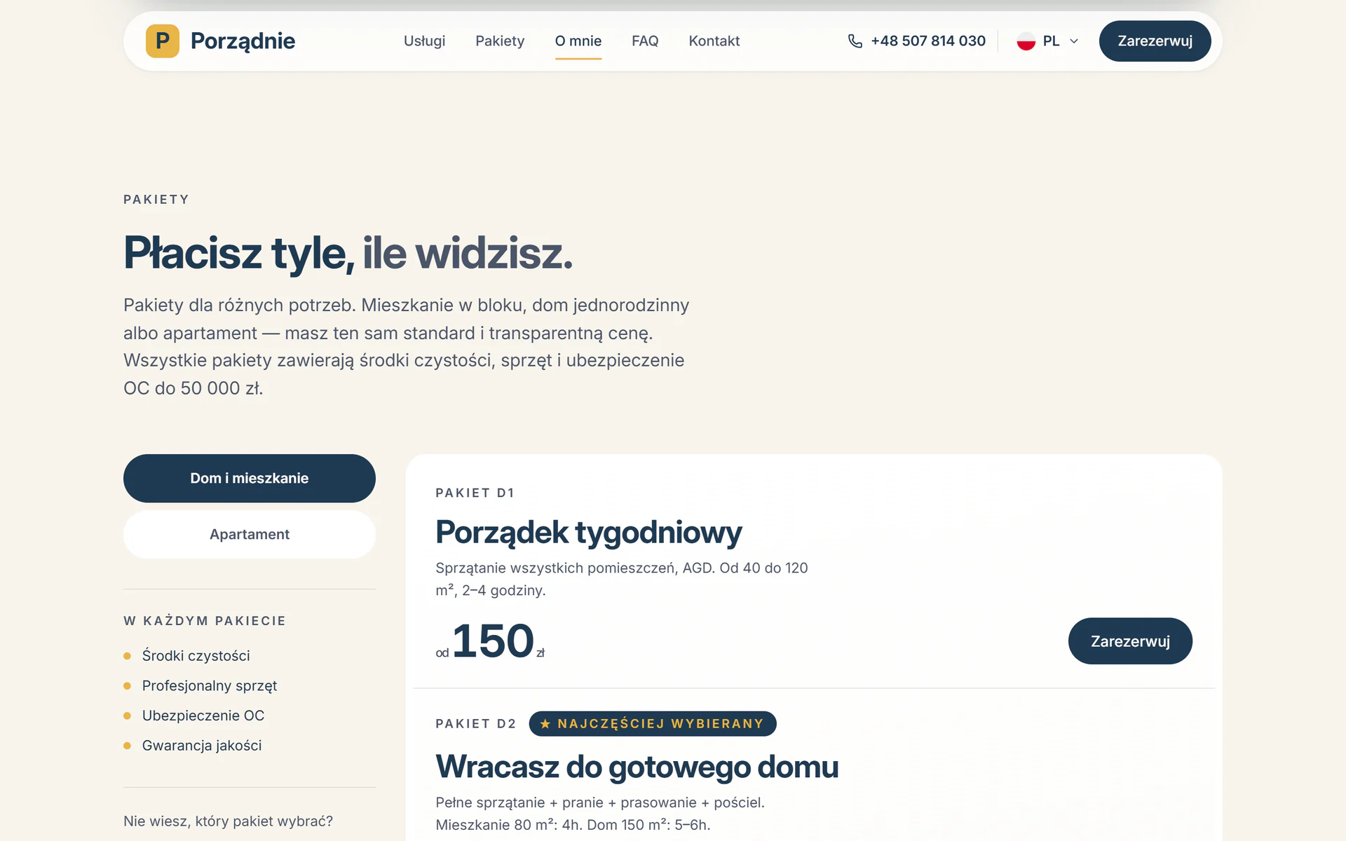 Sekcja „Płacisz tyle, ile widzisz.” na porzadnie24.pl: pakiety Porządek tygodniowy i Wracasz do gotowego domu