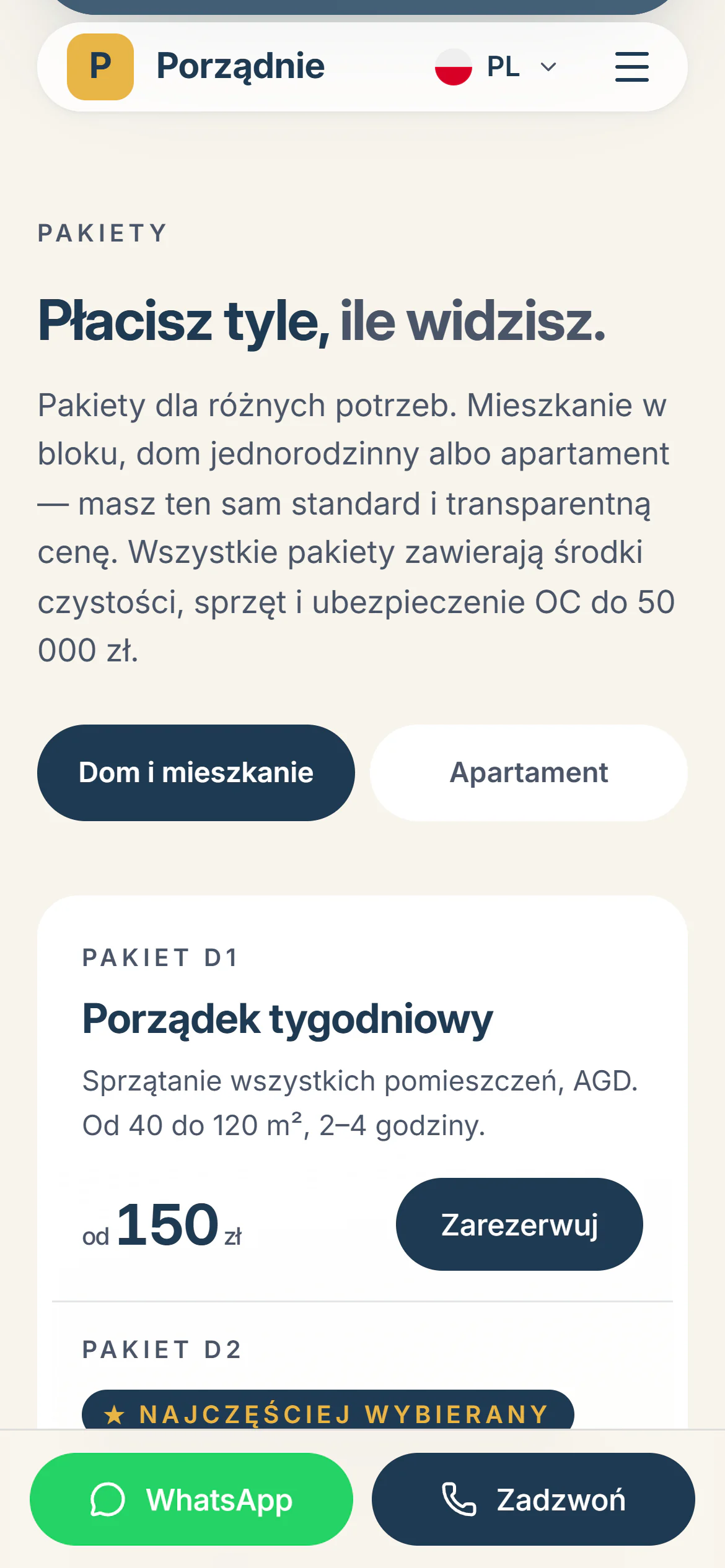 Pakiety Porządnie na telefonie, na dole ekranu przyciski WhatsApp i Zadzwoń