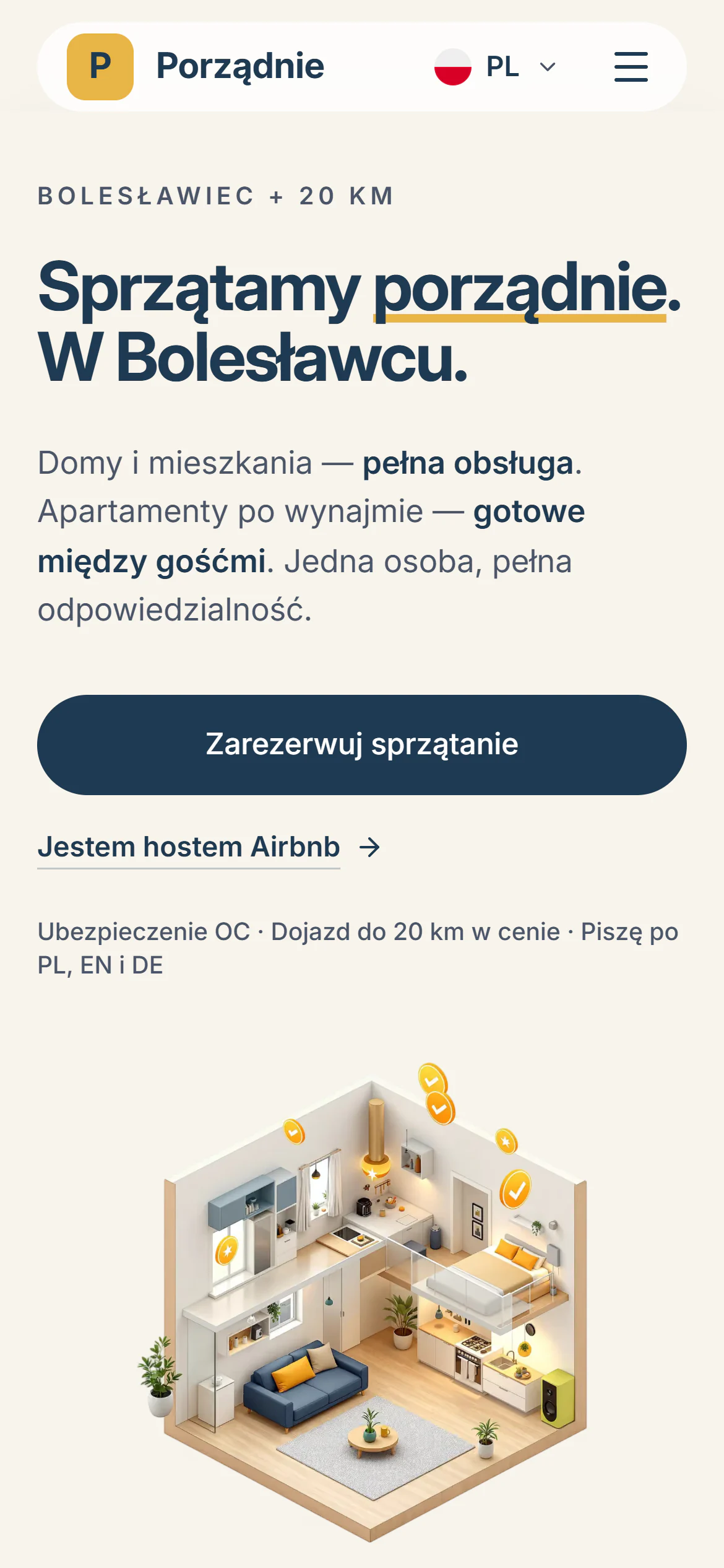 Strona główna Porządnie na telefonie: logo, „Sprzątamy porządnie. W Bolesławcu.” i przycisk „Zarezerwuj sprzątanie”