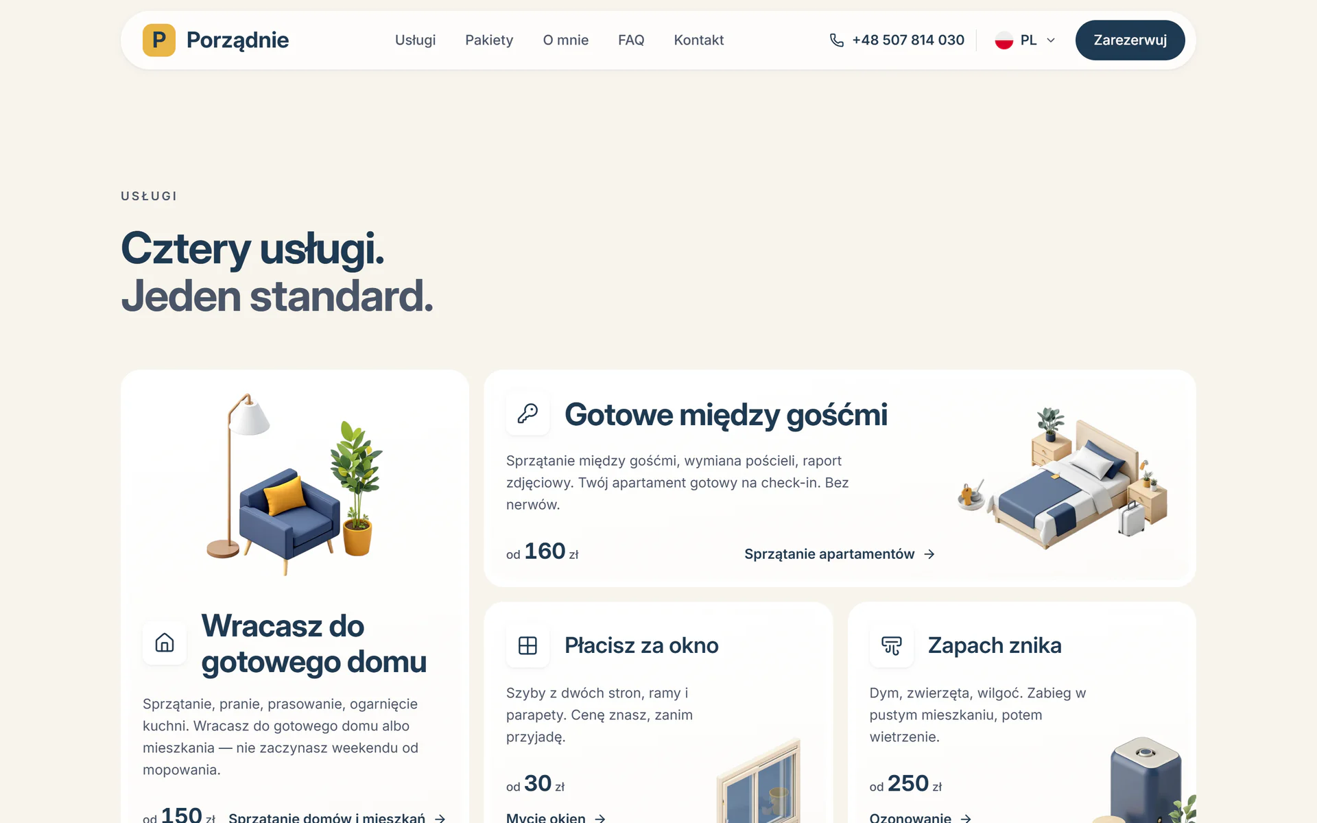 Sekcja „Cztery usługi. Jeden standard.” na porzadnie24.pl: sprzątanie domu, apartamenty między gośćmi, mycie okien, ozonowanie